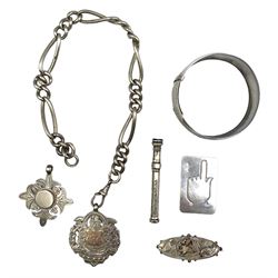 Silver Albert watch chain L30cm two fobs, silver bookmark, brooch, silver bangle and propelling pencil 4oz