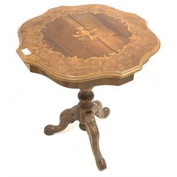 20th century Victorian style inlaid serpentine top occasional table, raised on turned supports and scroll carved triple splay supports W54cm, H4cm