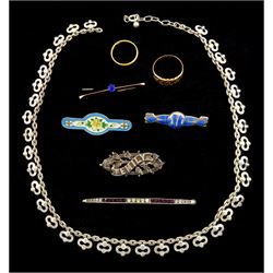 22ct gold wedding band, 9ct gold keeper ring and stone set brooch, Art Noveau silver enamel brooch and one other, dated 1909 and 1911, silver link necklace and two other silver brooches