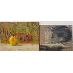 Sarah Williams (British 1961-): Still Life with Apple and Portrait of a Young Girl, two oils on canvas signed and dated 2019 verso, max 45cm x 60cm (2) 
Notes: Sarah graduated from Norwich School of Art and Design in 1984 with a first-class BA Hons in Fine Art and, having won the Stowell's Trophy, was awarded an unconditional place to study MA Painting at the Royal Academy. She comes from a family of creative talent - her father, Reg Williams, was a member of the York Four. During her three years at Norwich Art School, she exhibited regularly in the school gallery and Norwich Castle and visited Switzerland, exhibiting and working with Kurt Rupe. More recently, she has exhibited in galleries around England and has had her own businesses in Interior Design, Architectural Design, Furniture Design and Jewellery. Sarah has recently returned to painting full-time and, having used a multitude of mediums in her creative work, now confesses she is an oil-paint addict. It is 