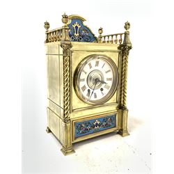 Late 19th century brass bracket clock, the case with cloisonné panels, floral finials and spiral cast pilasters, bevel glazed bezel enclosing silvered dial with Roman numeral chapter ring, three week movement striking the hours and halves, W23cm 