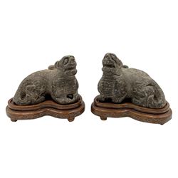 Pair Chinese carved stone mythical dragons, possibly 17th century, on later brass wire inlaid stands, L8cm x H5cm