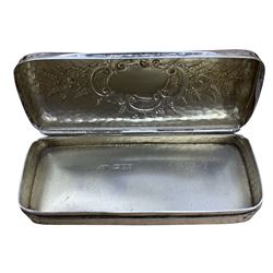 Edwardian silver box of rectangular form with domed hinged cover, vacant cartouche and engraved flowers L9cm Chester 1903 Maker Colen Hewer Cheshire
