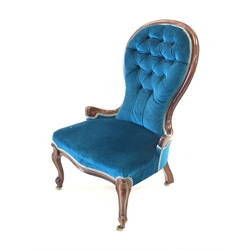 Victorian style stained beech framed spoon back nursing chair upholstered in buttoned blue fabric, H89cm