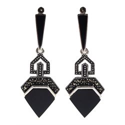 Pair of silver onyx and marcasite pendant stud earrings, stamped 925