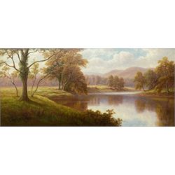 Everett Watson Mellor (British 1878-1965): 'Bolton Abbey from the Wharfe - Yorkshire', oil on canvas signed, titled verso 34cm x 75cm