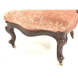 Victorian mahogany spoon back nursing chair, moulded scrolled framed, cabriole front supports, bass and ceramic castors, H95cm