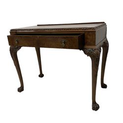 Queen Anne design figured walnut side table, shaped rectangular top with foliate moulded edge, fitted with single drawer, raised on cabriole supports with shell and acanthus carved knees and hairy paw feet