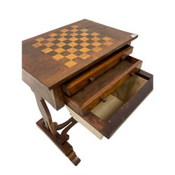 Victorian rosewood games table, the chessboard top over two small drawers and one drawer for sewing accoutrements, together with a mahogany music stool 