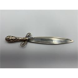 Edwardian silver sword shape bookmark Birmingham 1902 by Crisford & Norris, another of sword shape Birmingham 1916 by Adie & Lovekin, a scimitar shape bookmark marked 'Silver Peru 925', another of trowel shape by Crisford & Norris and another by the same maker with agate handle (5) 
