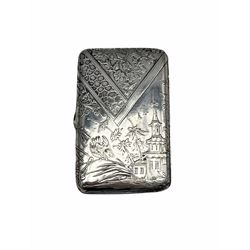 Victorian aesthetic white metal cigarette case engraved with buildings and flowers 8cm x 5cm