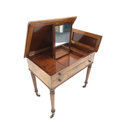 Victorian mahogany Gentleman's dressing table, hinged top revealing mirror, flanked by hinged storage compartment, over one long and three short drawers, raised on ring turned supports terminating in brass cup castors, W92cm, H85cm, D58cm