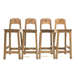 'Catman' set of four Yorkshire oak bar stools, back rest carved with Yorkshire rose roundel, shaped and adzed seat panel, raised on square supports, by Chris Checksfield of Whitby (Ex Gnomeman) W32cm
