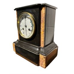 French - late 19th century 8-day marble and Belgium slate mantle clock, with a flat top, break front case on a broad plinth with contrasting variegated sienna marble panels, enamel dial with Roman numerals, minute track and steel spade hands, striking movement with a recoil anchor escapement, striking the hours and half hours on a bell. No pendulum.