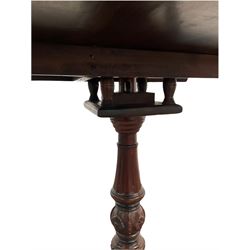Georgian style mahogany tilt top table, the pie crust top and bird cage over turned and carved column terminating in three splayed supports