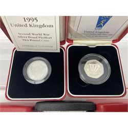 Five The Royal Mint United Kingdom silver proof piedfort coins, comprising 1995 'Second World War' two pounds, 1997 two pounds, 1997 fifty pence, 1998 '25th Anniversary EEC' fifty pence and 1998 'NHS' fifty pence, all cased with certificate