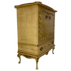 Italian style gilt entertainment cabinet, fitted with two doors above single drawer, decorated with scrolling and raised on cabriole supports 