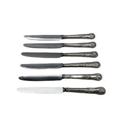 Six 19th century silver handled Kings pattern table knives, three with Sheffield marks and three with Scottish marks and with replaced blades