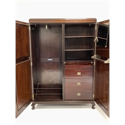 Early to Mid 20th century mahogany Gentlemen's compactum wardrobe fitted with shelves, drawers, adjustable mirror, hanging rail, hooks etc... with label 'Aw Lyn', W128cm, H184cm, D54cm