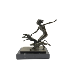 Art Deco style bronze figure modelled as a nude female with three dogs, after 'Lorenzl', H23cm overall
