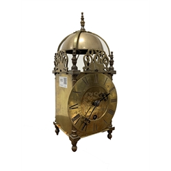 18th century design brass lantern clock, with Roman chapter ring, striking the hours to exterior bell 