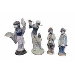 Lladro figure of a golfer No.4824, another of a Japanese girl and two Lladro clowns