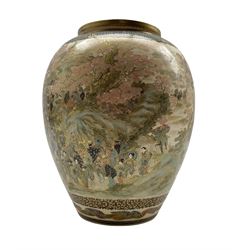 Japanese Satsuma  Meiji period ovoid vase, painted with figures admiring pink blossom in a landscaped garden, pagoda buildings, in a mountainous landscape, diaper and scrolling leafy stem borders, signature beneath, H27.5cm 