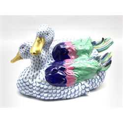 Large Herend group of two ducks with green and scaled blue decoration numbered 5035 21cm x 38cm