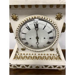  19th century white and gold painted mantel clock, the case with urn finial over egg and dart cornice, white painted dial with Arabic and Roman numeral chapter ring, eight day movement striking hammer on two bells, W39cm  
