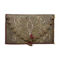18th century Moroccan leather pocket book embroidered with silver metal thread, stitched to the reverse 'Tetuan' and 'Mrs M. Anthonina Hatfeild 1730' under the scalloped flap, with toggle fastener, W15.5cm x H9.5cm  