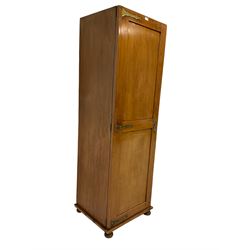 Late 19th century pine single wardrobe, panelled door enclosing rail and hinged cupboard base, on bun feet