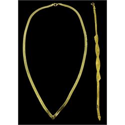 Gold Herringbone link necklace and similar gold bracelet, both hallmarked 9ct, approx 6.8gm