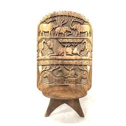 African style hardwood tribal Chieftain's folding chair, the back rest carved with savannah animals, W69cm