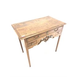 Late Georgian oak lowboy, the top and three drawers with mahogany bands and chequered string inlay, shaped apron with pierced fretwork decoration, raised on square tapered and chamfered supports 86cm x 50cm, H77cm