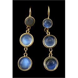 Pair of early - mid 20th century 12ct gold graduating moonstone pendant earrings