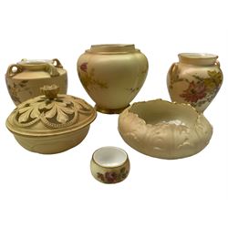 Collection of Royal Worcester blush ivory porcelain to include pot pourri vases (one lacking cover), miniature, and other vases (6)