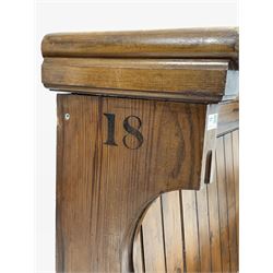 Early 20th century pitch pine church pew, with tongue and groove board back W155cm, H124cm, D45cm