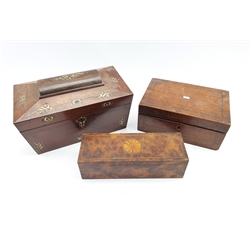 Victorian rosewood sarcophagus shape tea caddy inlaid with mother of pearl, the interior with three covered containers W28cm, rosewood sewing box and one other box