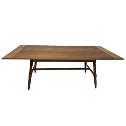 19th century and later pine dining table, the rectangular top, raised on turned supports united by a stretcher 
