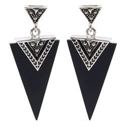 Pair of silver black agate and marcasite triangle pendant stud earrings, stamped 925 