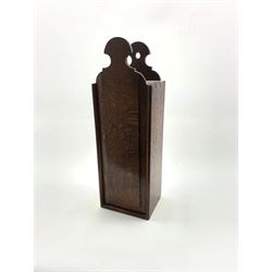 18th Century oak candle box with sliding front fielded panel H42cm