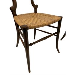 Set three Victorian chairs, simulate rosewood on beech frames with cane work seat in star pattern, on tapering splayed supports joined by turned stretchers 