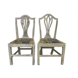 Near pair 19th century country elm chairs, with Chippendale style pierced splat, drop-in seat upholstered in 