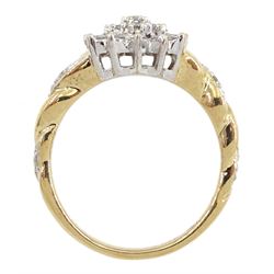 9ct gold round brilliant cut diamond cluster ring, with diamond set shoulders, hallmarked, total diamond weight 0.25 carat