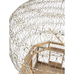 Very large decorative wire work bird cage, of bulbous form on wooden base, H154cm