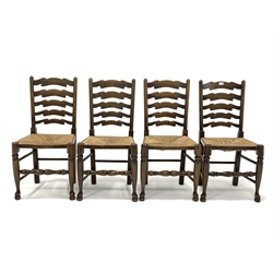 Set four early 20th century ash waved ladderback chairs, with string seats, raised on turned supports W46cm
