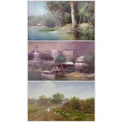 Robert Todonai (Australian 1963-): 'River Gum & Egret', 'Riverfront Rockhampton' and 'Feeding the Chooks - South Africa', set of three oils on canvas signed, titled verso 22cm x 34cm (3)