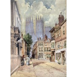 Charles Rousse (British fl.1870-1890): York Minster from Lop Lane, watercolour signed 28cm x 20cm
Notes: Exhibited at 'Views of York' exhibition 2012, was used in the 2021 York Against Cancer calendar, published in 'Streets of York 2018'