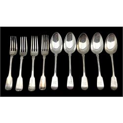 Set of five George III silver fiddle pattern dessert spoons initialled 'GA' London 1819 Maker Josiah and George Piercy and four 19th century silver fiddle pattern dessert forks, various dates 11.7oz