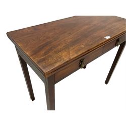 19th century mahogany tea table, the rectangular fold-over top over two drawers, single gate-leg action base, on square supports